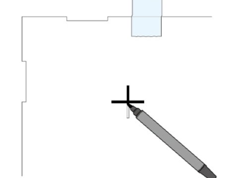 あて紙内部の十字スリット（固定部材取付位置）4箇所全てを太めのマーカーで塗りつぶし、墨付けします。