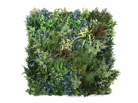 ビスタフォリア®︎パネルにカラーボックスの人工植物をランダムに差します。